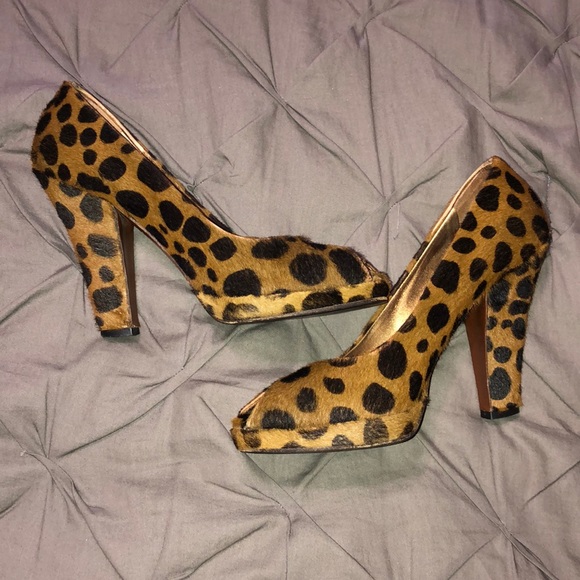 Miu Miu Shoes - Miu Miu Leather + Fur Leopard Print PeepToe Heels